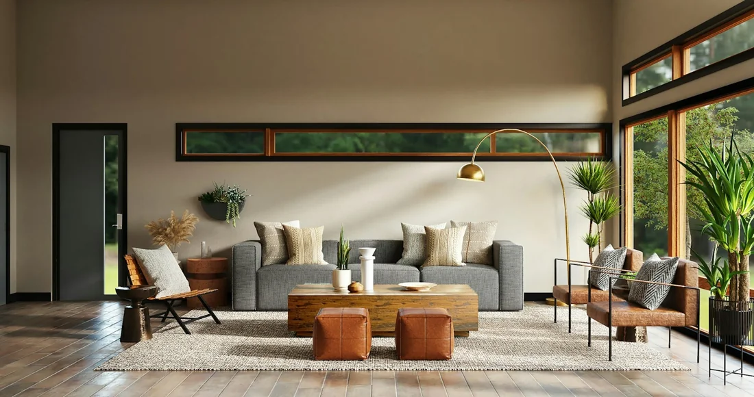 A sunlit living room with layered natural textures